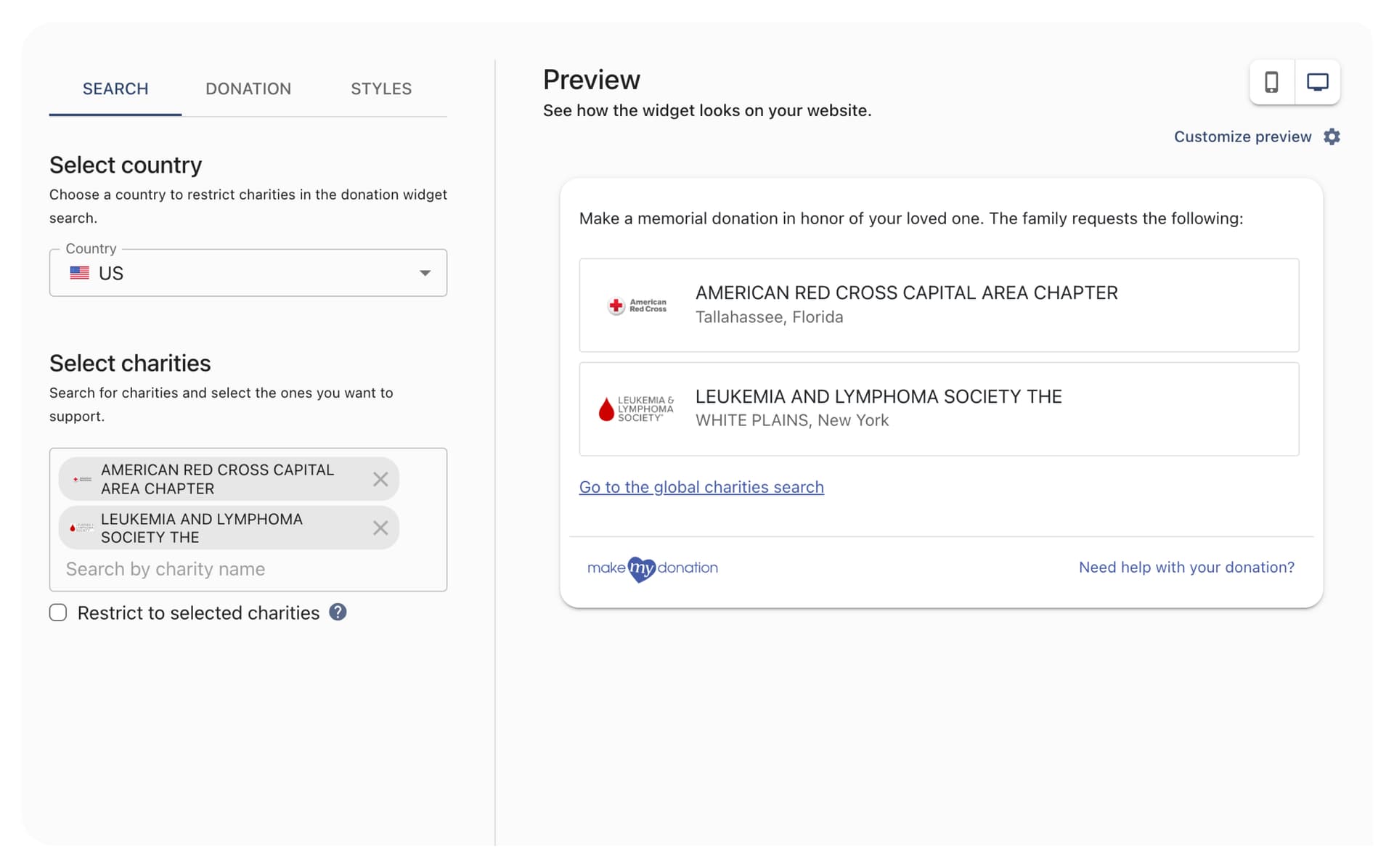 MakeMyDonation dashboard and forms