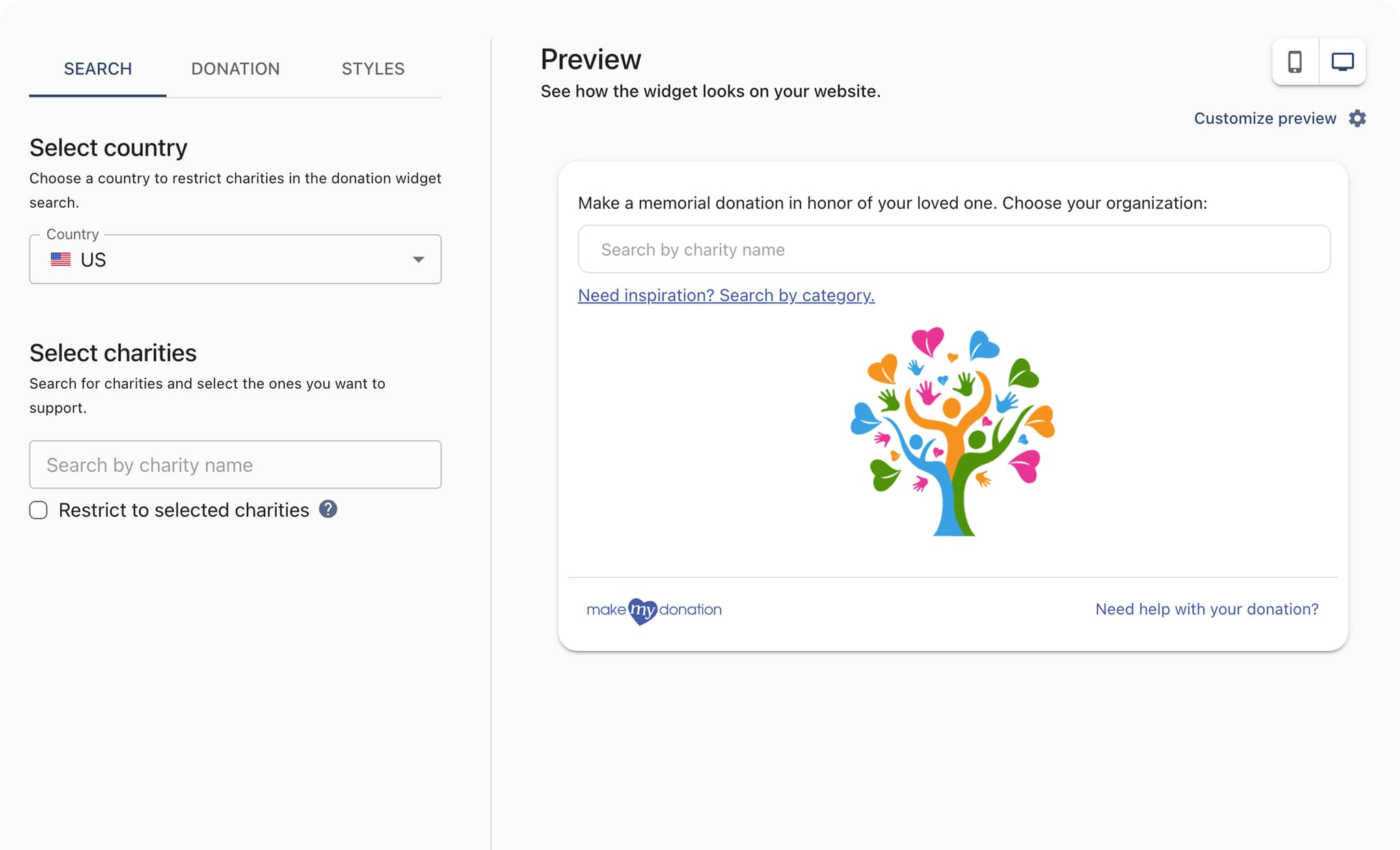 Charity selection controls