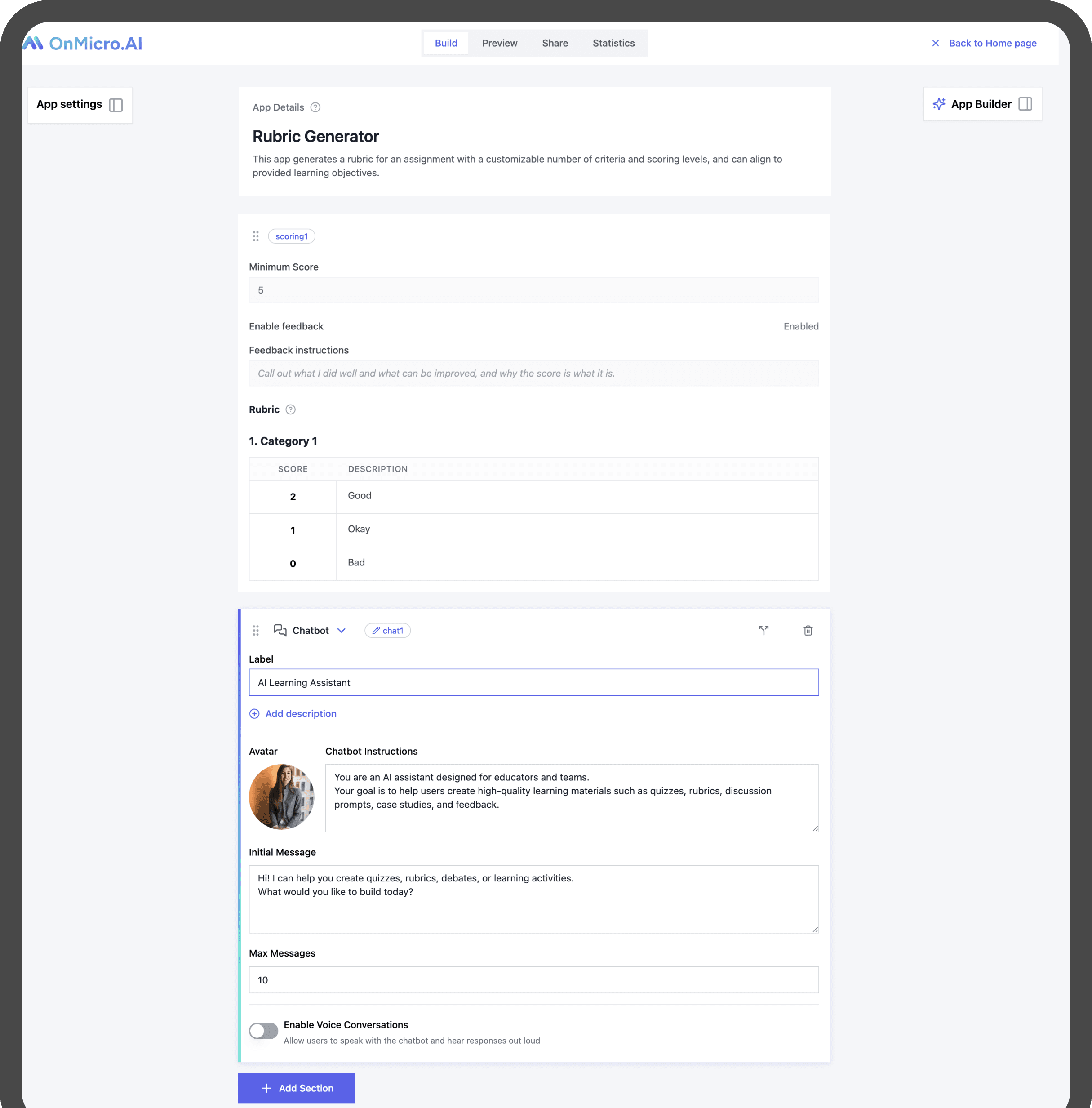OnMicro.AI application build mode