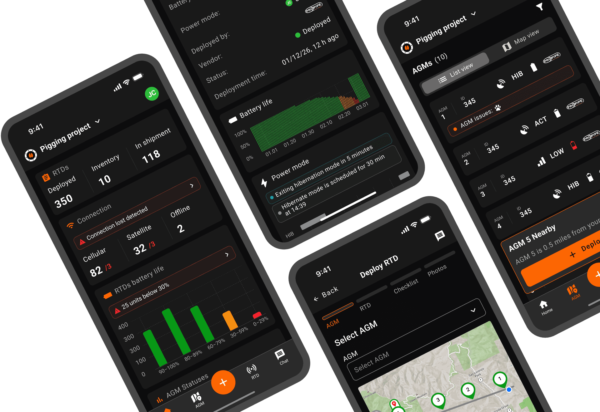 PigTracks mobile app screens showing pipeline tracking, deployment checklists, and AGM management