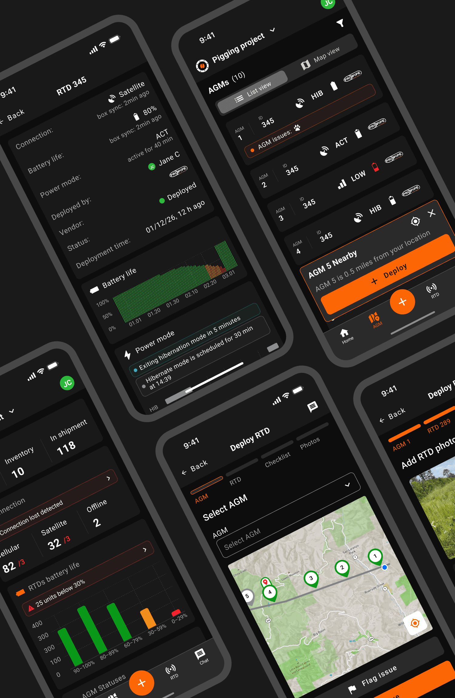 PigTracks mobile app screens showing pipeline tracking, deployment checklists, and AGM management